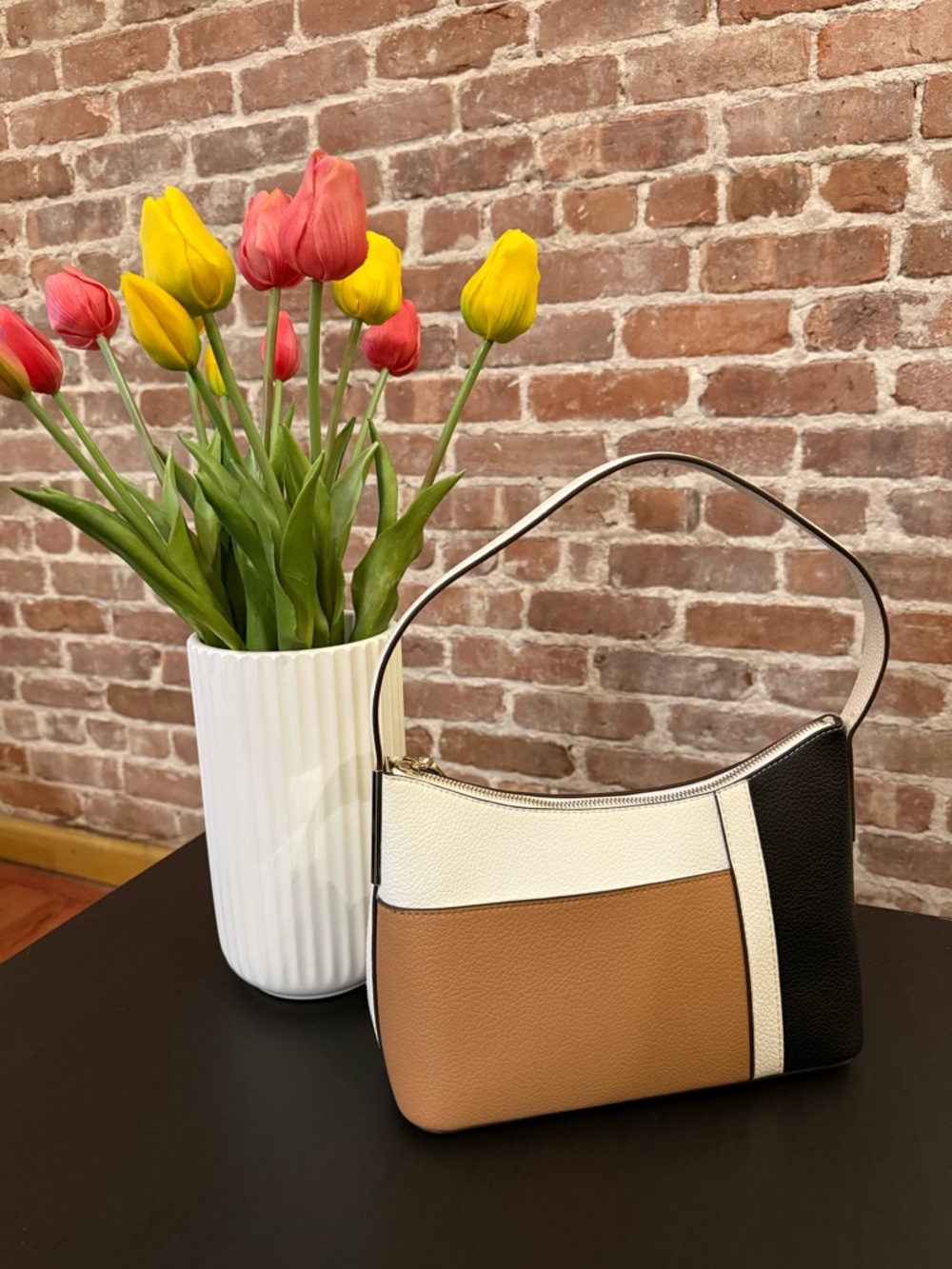 DKNY Colorblock Shoulder Bag in White, Tan & Black (Faux Leather)